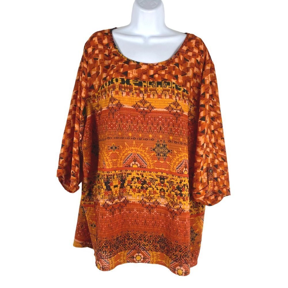 One World Top‎ Women's 2X Multicolored Print 3/4 Sleeve Polyester Flawed TP-2018
